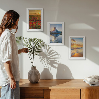 Framed triptych Mountain and seaside landscapes with sunsets