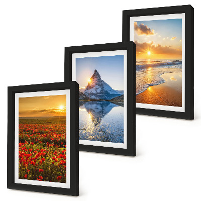 Framed triptych Mountain and seaside landscapes with sunsets