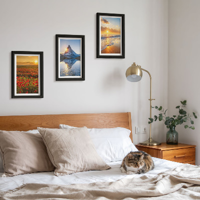Framed triptych Mountain and seaside landscapes with sunsets
