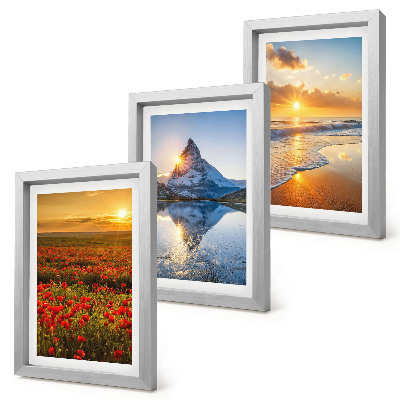 Framed triptych Mountain and seaside landscapes with sunsets