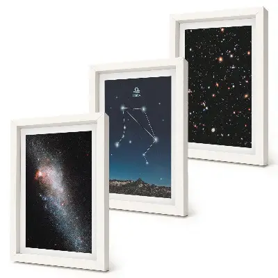Photo frame wall with a space galaxy and Libra constellation night sky design