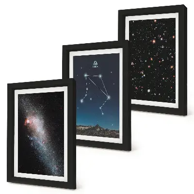 Photo frame wall with a space galaxy and Libra constellation night sky design