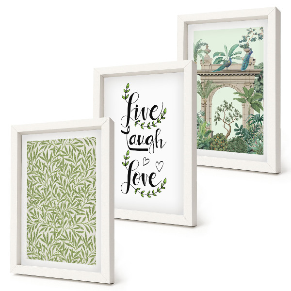 3-piece wall art set Green leaves, inscriptions and exotic plants in architecture