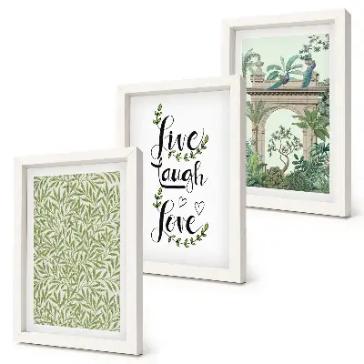 3-piece wall art set Green leaves, inscriptions and exotic plants in architecture