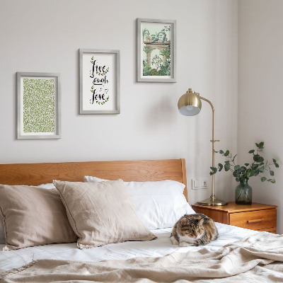 3-piece wall art set Green leaves, inscriptions and exotic plants in architecture