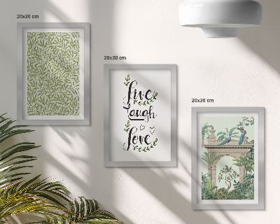 3-piece wall art set Green leaves, inscriptions and exotic plants in architecture