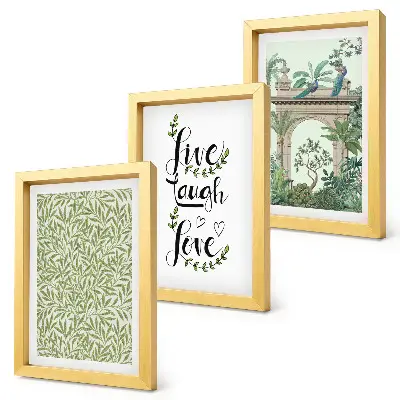 3-piece wall art set green leaves, inscriptions, and exotic architectural plants