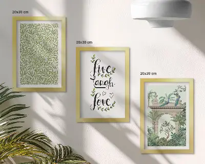 3-piece wall art set green leaves, inscriptions, and exotic architectural plants