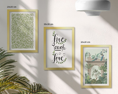 3-piece wall art set Green leaves, inscriptions and exotic plants in architecture