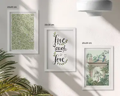 3-piece wall art set green leaves, inscriptions, and exotic architectural plants
