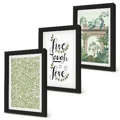 3-piece wall art set green leaves, inscriptions, and exotic architectural plants