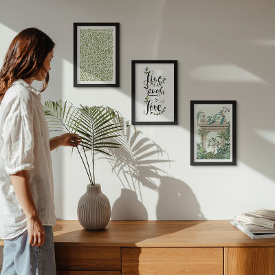 3-piece wall art set Green leaves, inscriptions and exotic plants in architecture