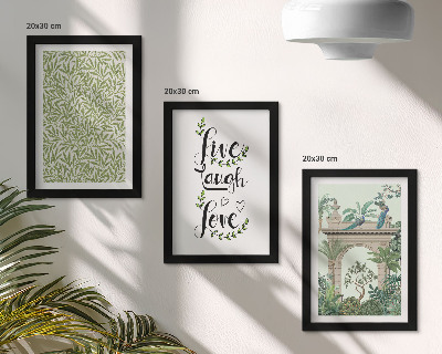 3-piece wall art set Green leaves, inscriptions and exotic plants in architecture