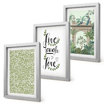3-piece wall art set Green leaves, inscriptions and exotic plants in architecture