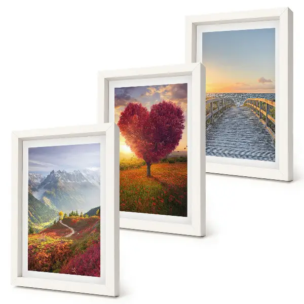 Photo frame wall gallery featuring mountain landscapes and a heart-shaped tree pier layout
