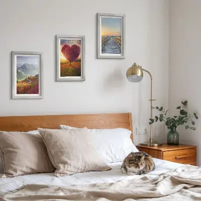 Photo frame wall gallery featuring mountain landscapes and a heart-shaped tree pier layout