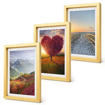 Photo frame wall gallery featuring mountain landscapes and a heart-shaped tree pier layout