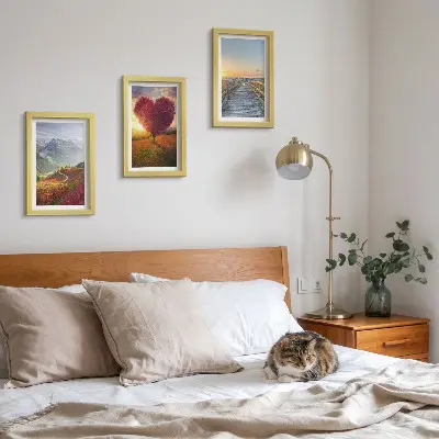 Photo frame wall gallery featuring mountain landscapes and a heart-shaped tree pier layout