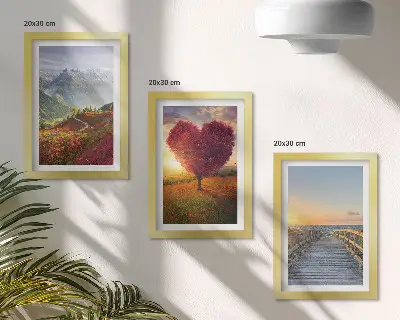 Photo frame wall gallery featuring mountain landscapes and a heart-shaped tree pier layout