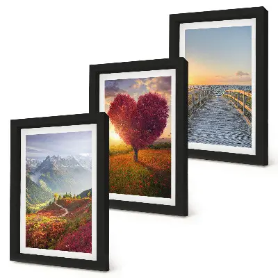 Photo frame wall gallery featuring mountain landscapes and a heart-shaped tree pier layout