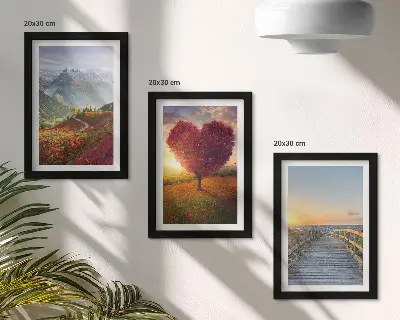 Photo frame wall gallery featuring mountain landscapes and a heart-shaped tree pier layout