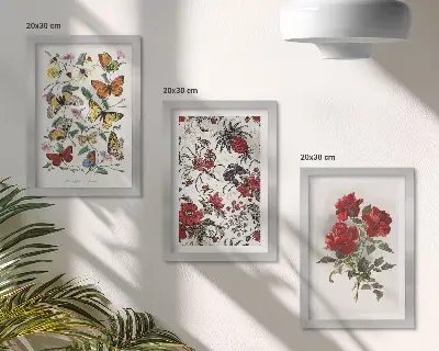 3-piece wall art set featuring butterflies, flowers, and red roses in a classic style