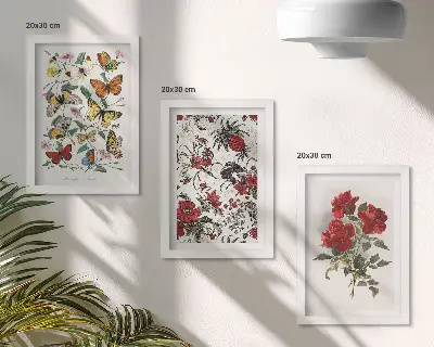 3-piece wall art set featuring butterflies, flowers, and red roses in a classic style