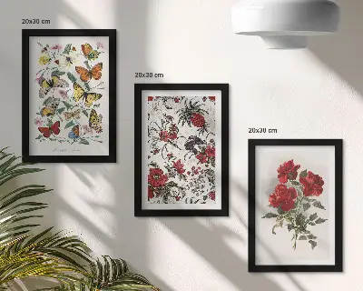 3-piece wall art set featuring butterflies, flowers, and red roses in a classic style