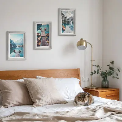 Photo frame wall featuring a calm lake with wooden piers and boats