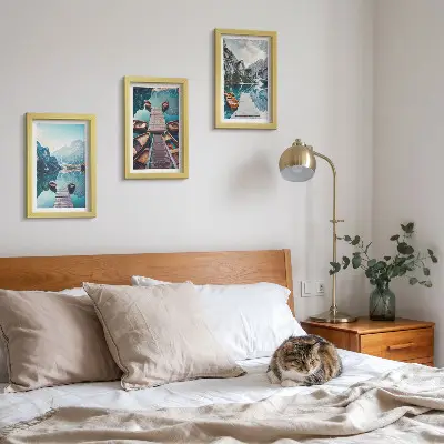 Photo frame wall featuring a calm lake with wooden piers and boats
