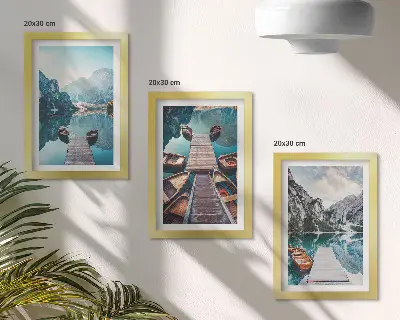 Photo frame wall featuring a calm lake with wooden piers and boats