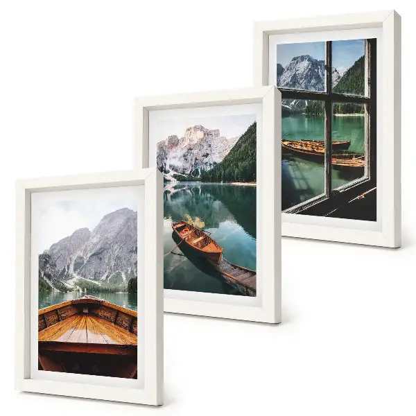 3-piece mountain lake wall art set featuring a scenic view with wooden window framing and boats