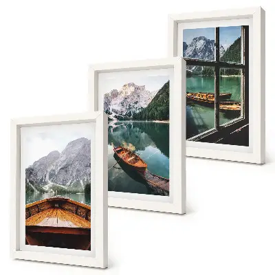 3-piece mountain lake wall art set featuring a scenic view with wooden window framing and boats