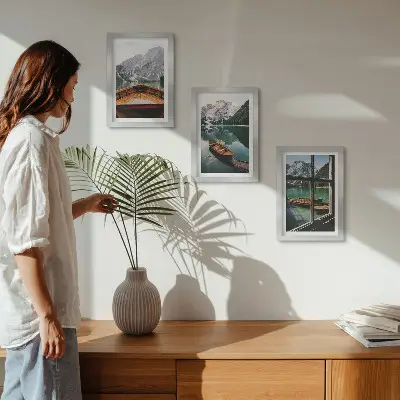 3-piece mountain lake wall art set featuring a scenic view with wooden window framing and boats