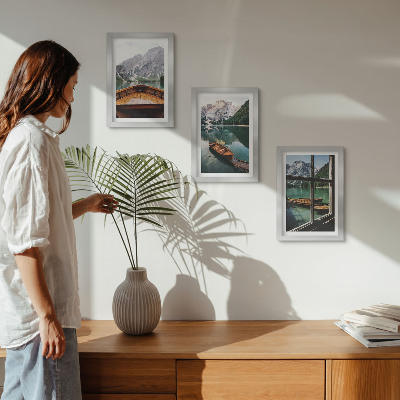 3-piece wall art set View of a mountain lake with boats and a window in the background