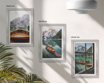 3-piece wall art set View of a mountain lake with boats and a window in the background