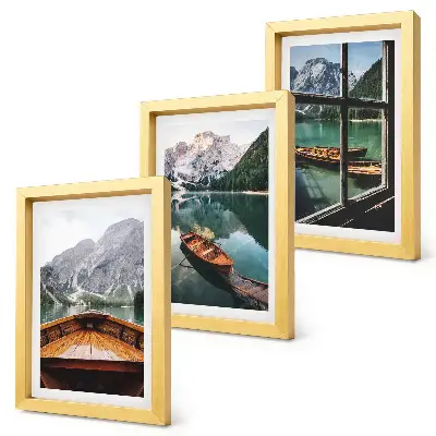 3-piece mountain lake wall art set featuring a scenic view with wooden window framing and boats