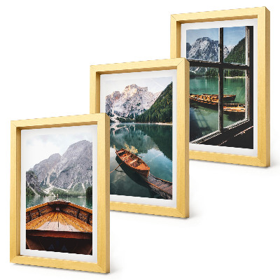 3-piece wall art set View of a mountain lake with boats and a window in the background