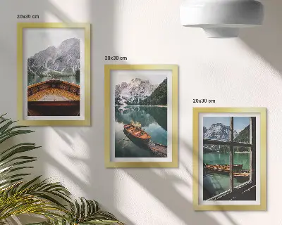 3-piece mountain lake wall art set featuring a scenic view with wooden window framing and boats