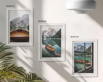 3-piece mountain lake wall art set featuring a scenic view with wooden window framing and boats