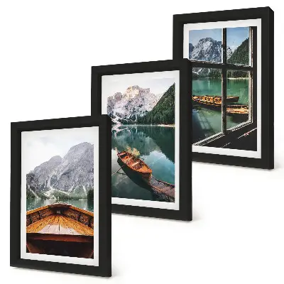 3-piece mountain lake wall art set featuring a scenic view with wooden window framing and boats