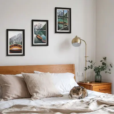 3-piece mountain lake wall art set featuring a scenic view with wooden window framing and boats