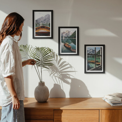 3-piece wall art set View of a mountain lake with boats and a window in the background
