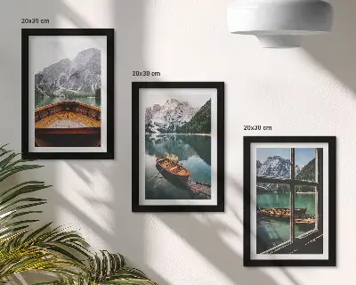 3-piece mountain lake wall art set featuring a scenic view with wooden window framing and boats