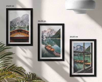 3-piece wall art set View of a mountain lake with boats and a window in the background