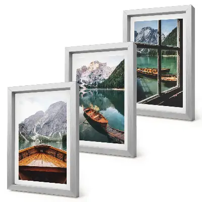3-piece mountain lake wall art set featuring a scenic view with wooden window framing and boats