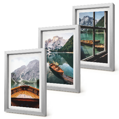 3-piece wall art set View of a mountain lake with boats and a window in the background