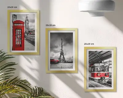Photo frame wall Iconic cities London Paris and rail transport