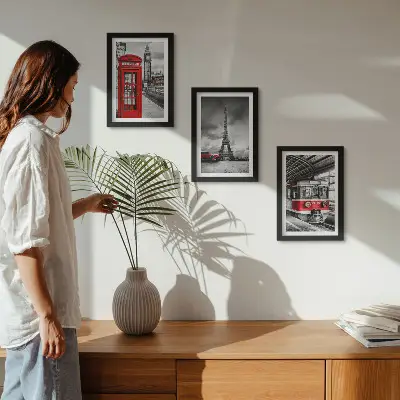 Photo frame wall Iconic cities London Paris and rail transport