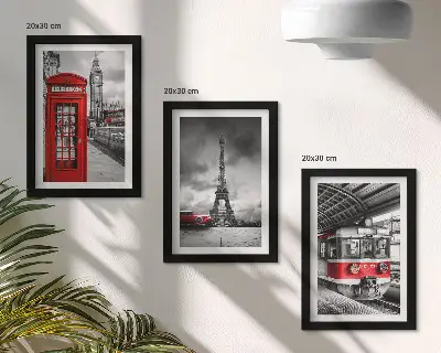 Photo frame wall Iconic cities London Paris and rail transport
